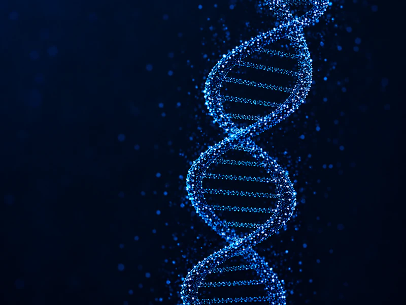 A glowing blue DNA double helix made of particles against a dark background