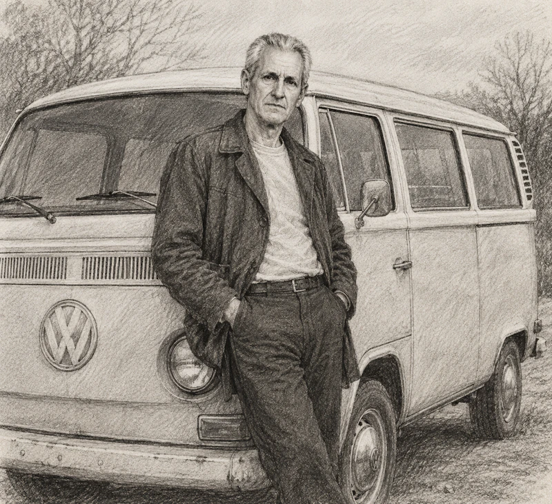 Pencil-style illustration of Jack Kevorkian leaning against his Volkswagen van